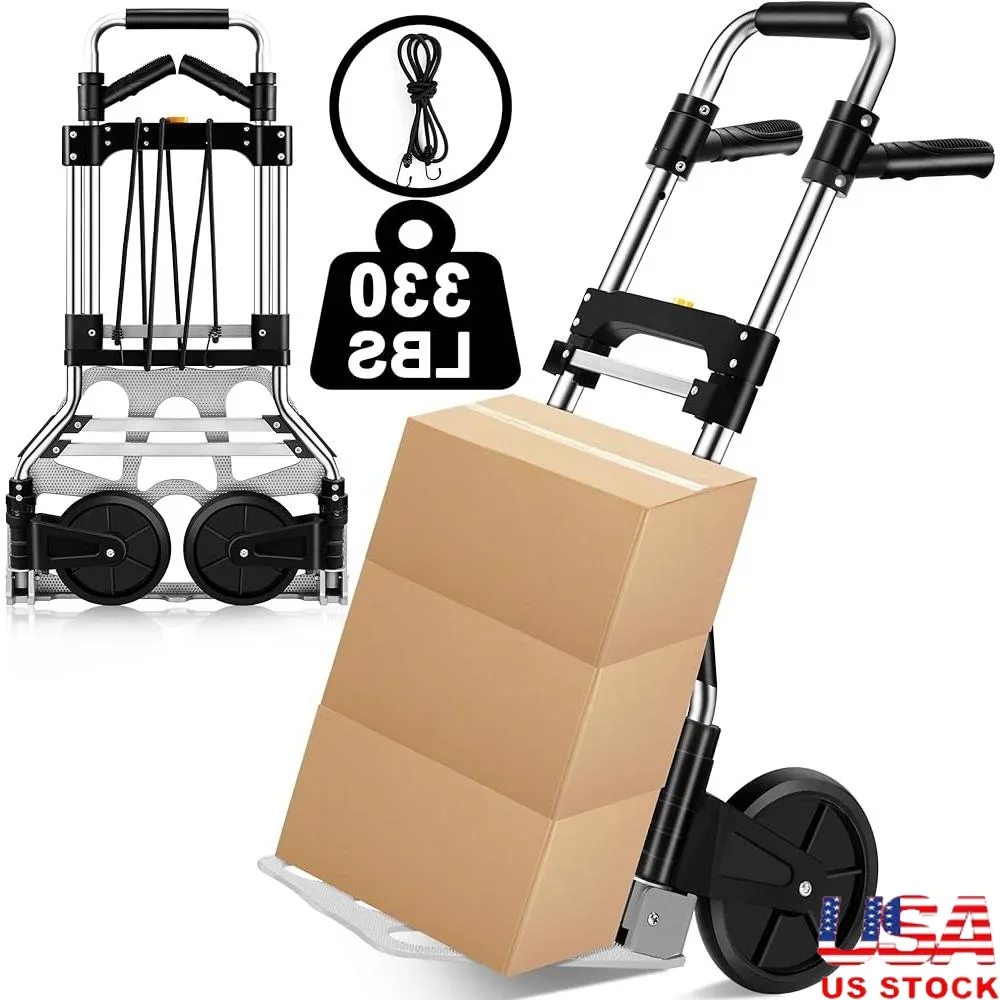 شاحنة يدوية قابلة للطي بسعة 330 رطل، عربة دوللي محمولة من الألومنيوم مع مقبض تصغير، عجلات مطاطية خفيفة الوزن ومتينة وسهلة