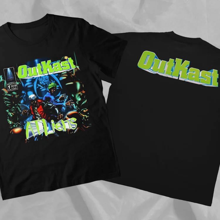 Outkast ATLiens kaus Vintage hitam langka ukuran penuh dua sisi