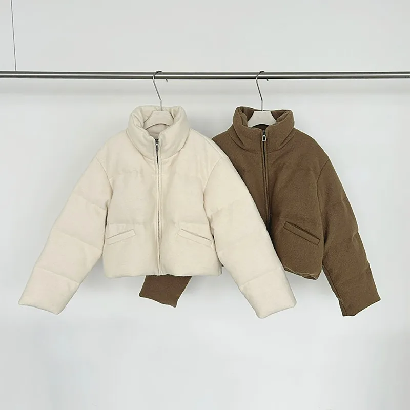 winter wear fashionable simple and warm for commuting A simple warm woolen down jacket with a loose stand-up collar for women's