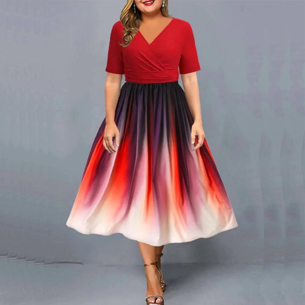 Plus Size Dresses for Women 2023 Casual V Neck Short Sleeve High Waist Slim Midi Dress Female Summer Elegant Party Vestidos