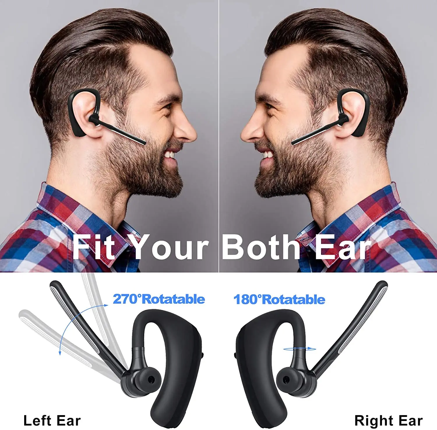 سماعات بلوتوث لاسلكية، سماعات إلغاء الضوضاء، سماعات أذن بدون استخدام اليدين مع ميكروفون مزدوج لقيادة سائق المكتب