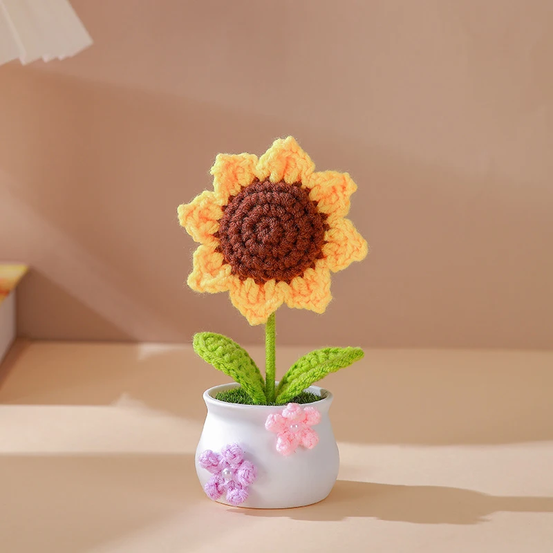 New Handmade Crochet Knitted Flowerpot Ornament Creative Wool Thread Finished Sunflower Tulip Plant Potted Office Car Decoration