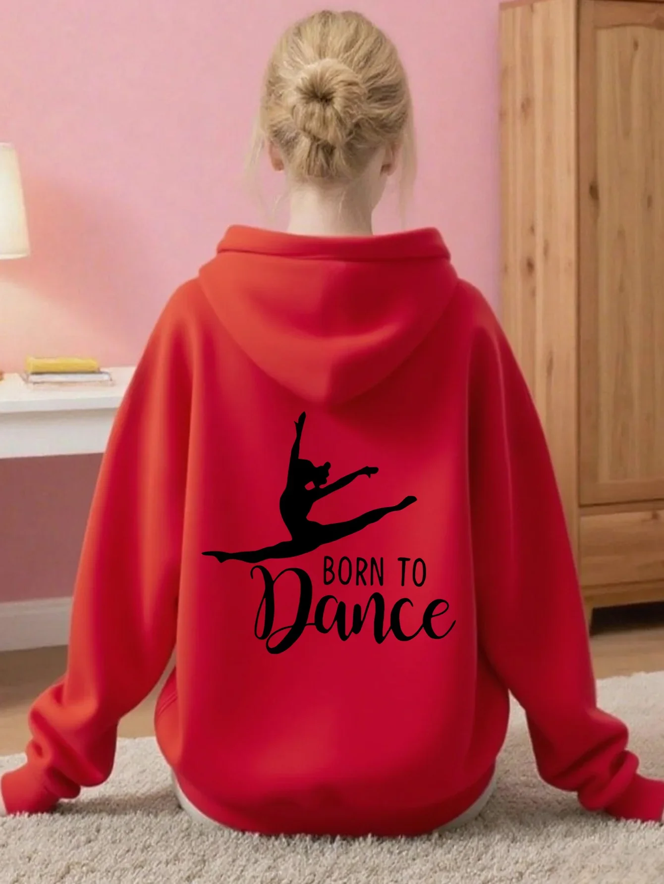 Girls Pink Born To Dance Graphic Printed Hoodie Teen Ballet Silhouette Back Print Sweatshirt Loose Hooded Jumper