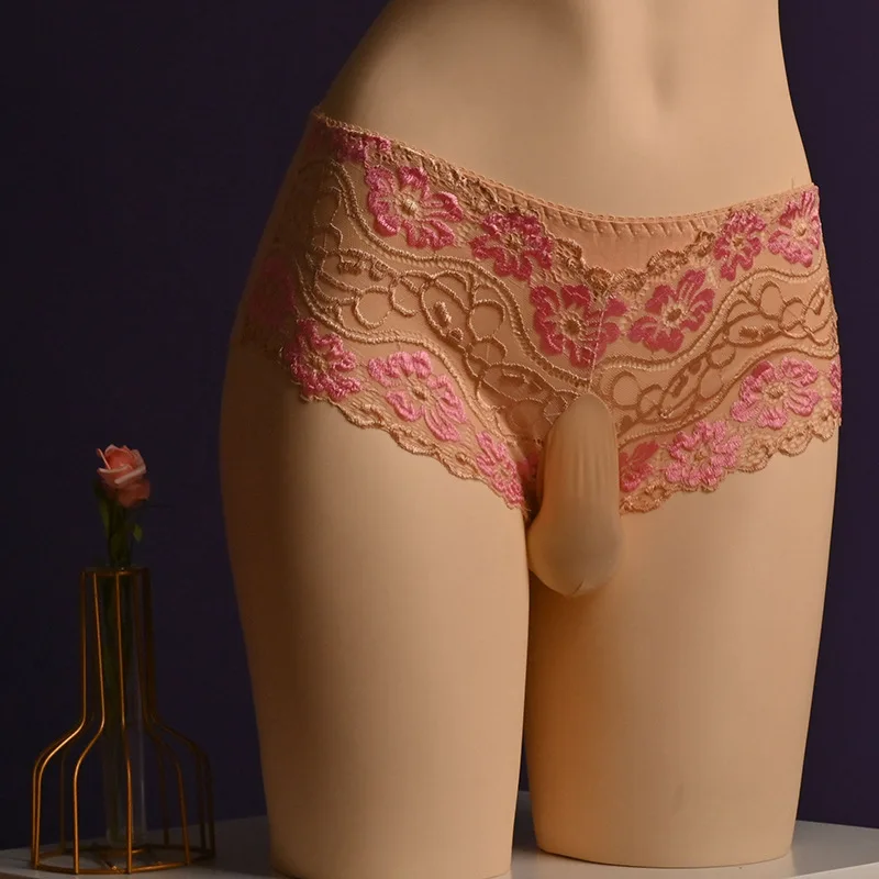 Men Underwear Flower Embroidery Breathable Sissy Pouch Sheath Panties Oil Shiny Lace Underpants Ultrathin See Through Lingerie