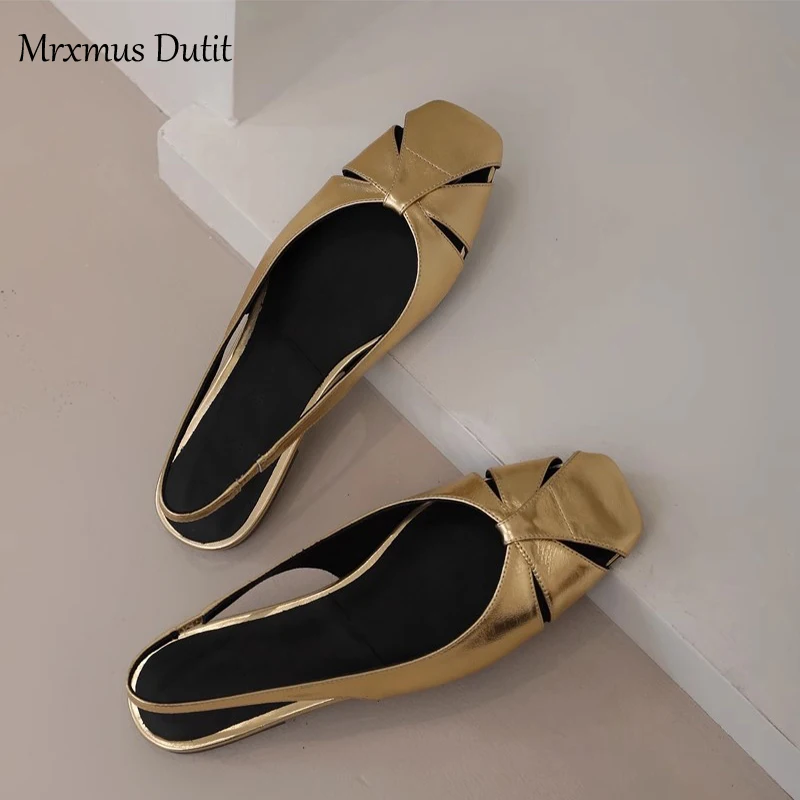 Mrxmus Dutit 2023 Summer Fashion New Women Genuine Leather Flat Weave Hollow Square Head Sandals Solid Casual Shoes Female Chic