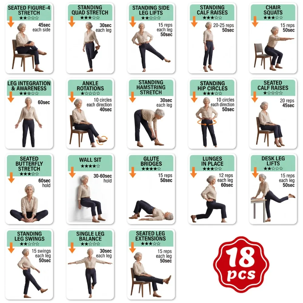 18Pcs Illustrated Step Move Guide Senior Standing Exercise Flashcards Elderly Standing Full Body Exercise Cards