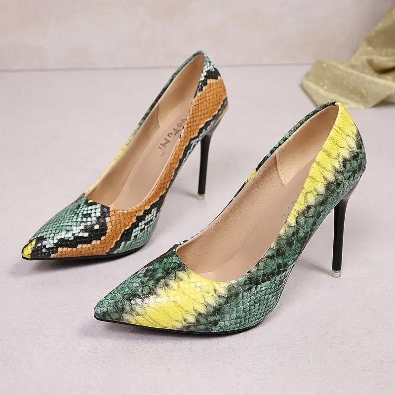 Snake Prints Leather Women 's Pumps Spring Fashion 10cm Stiletto Heels Pointed Toe Sexy Elegant Heels Woman Shallow Single Shoes