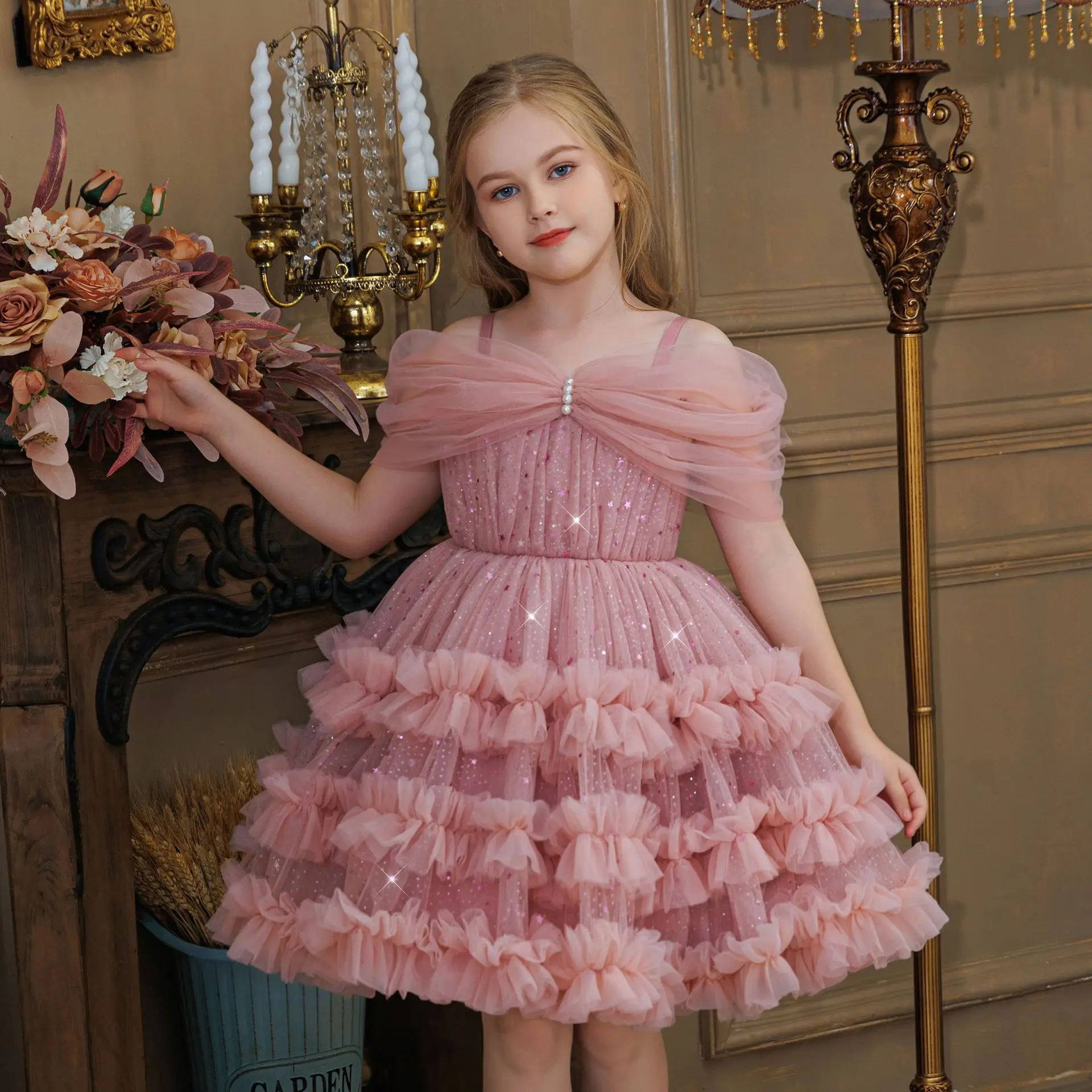 

Children Birthday Party Banquet Festival Dress Flower Girl Sleeveless Tulle Layered Cute Princess Dresses Summer Kids Frocks