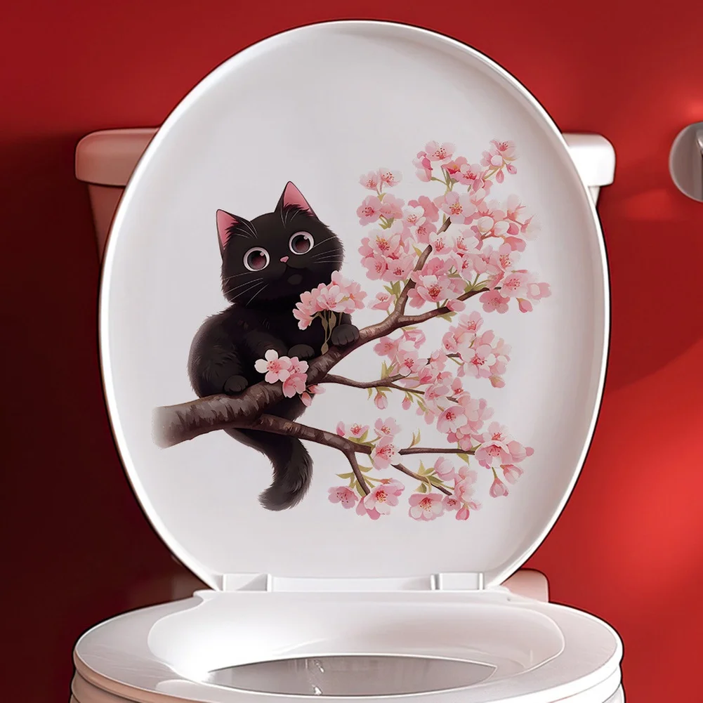 PVC Black Cat Wall Decal Featuring For CHERRY Blossom Pattern Removable Self Bonding Sticker for Bathroom Decoration