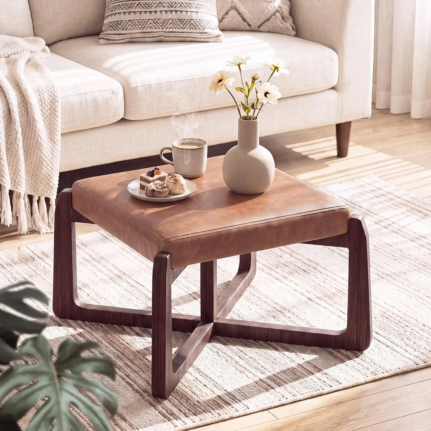 Faux Leather Square Ottoman Coffee Table, 24" Storage Footrest for Living Room Bedroom, Ash Wood Frame, Customized