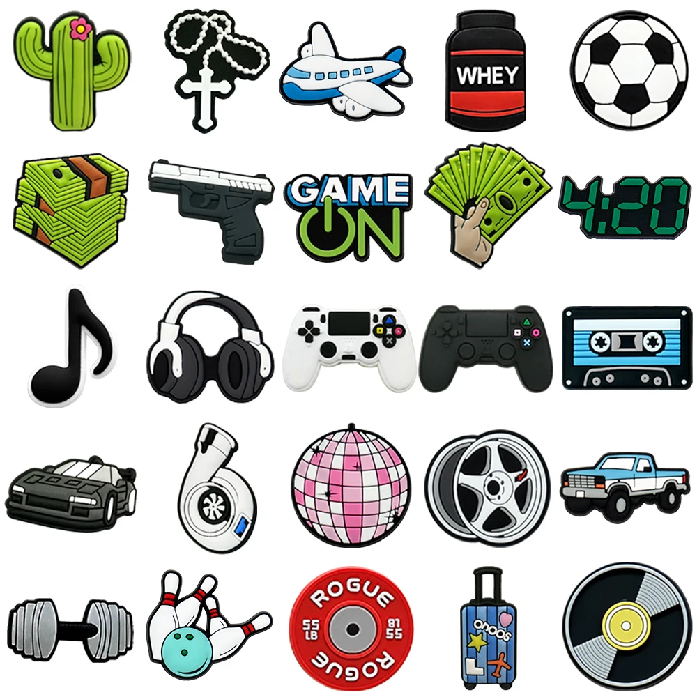1/25PCS Sports & Hobbies Theme Shoe Charms Set DIY Decorative Pins Soccer Dumbbell Game Controller Clogs Buckle Accessories Gift