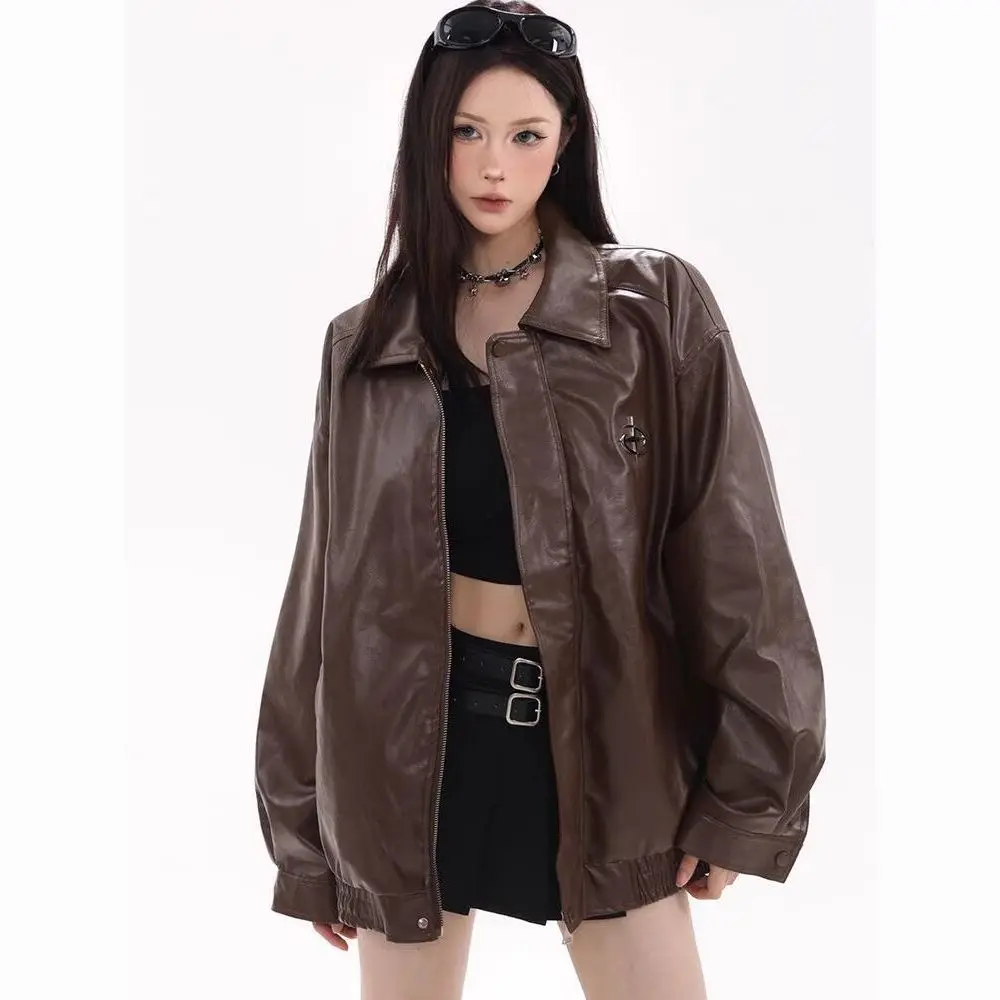 

Mahogany Brown PU Leather Jacket Women 2025 Oversized Vintage Bomber Coat with Notch Lapel
