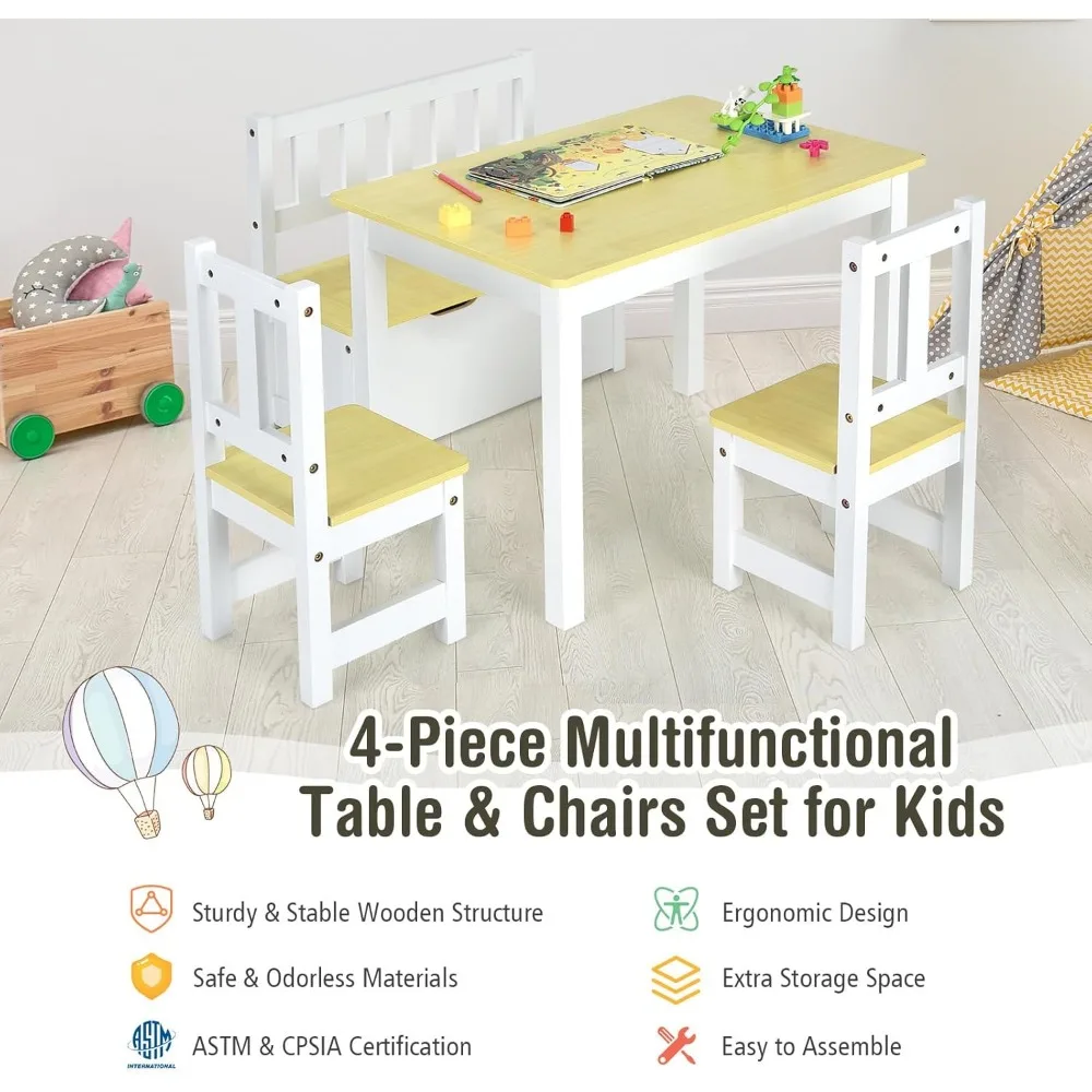 2 in 1 Kids Table and Chair Set, Wood Activity Table with Toy Storage Bench & 2 Chairs for Children Reading, Arts, Craft