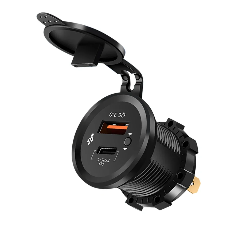 PD QC 3.0 USB C Car Charger with Switch Motorcycle Fast Charger Socket Power Outlet Adapter Waterproof for 12V/24V Car ATV Boat view 2