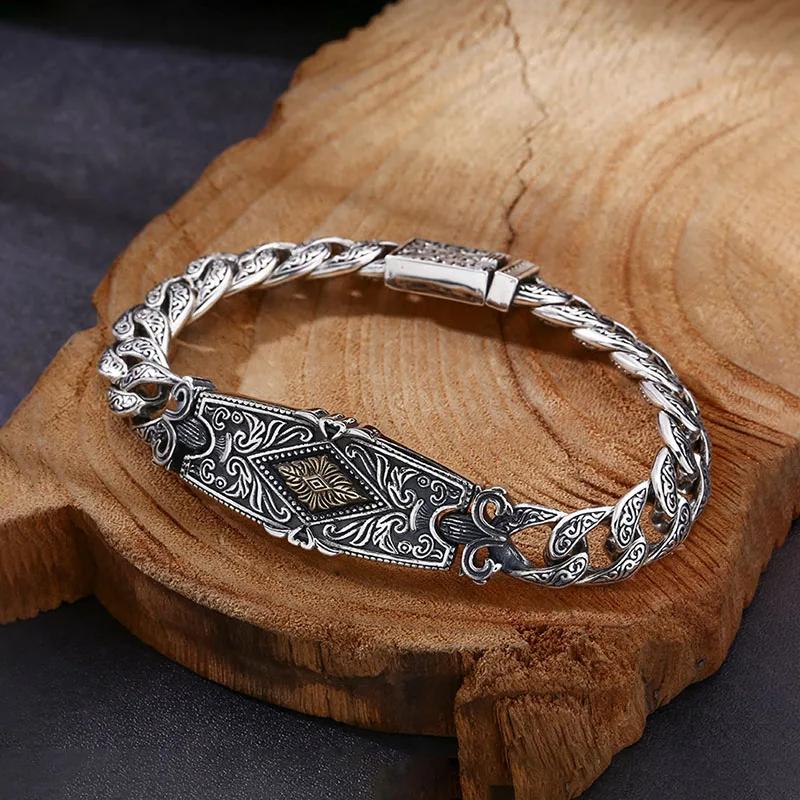 S925 Silver Chain for Men, Eternal Vine, Auspicious Clouds, Retro Bracelet, Exquisite Jewelry Gift, Birthday Party