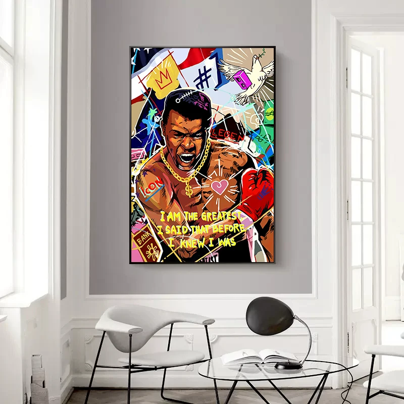 Muhammad Ali Poster Graffiti Art Wall Painting Boxing Mike Tyson Portrait Oil Painting Boxer Legend Inspirational Home Decor.