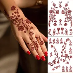 Disposable Henna Tattoos for Hand Maroon Flower Leaf Pattern Tattoo Sticker for Women Hand Foot Body Decor Temporary Fake Tattoo