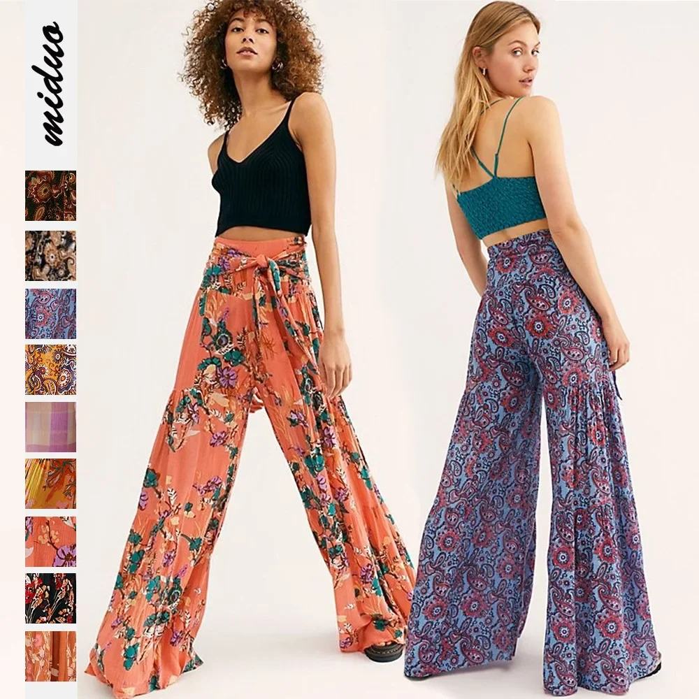 

Floral Digital Printing Women's Rope Belt Casual Wide Leg Pants Beach Vacation Bell-Bottom Pants Womens Loose Pants Dropshipping