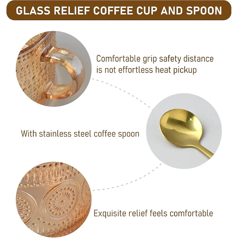 Juego de Tazas de Café de Vidrio Vintage, 4 Tazas de Té de Vidrio Prensado Color Ámbar, para Latte, Cereal, Yogur y Bebidas