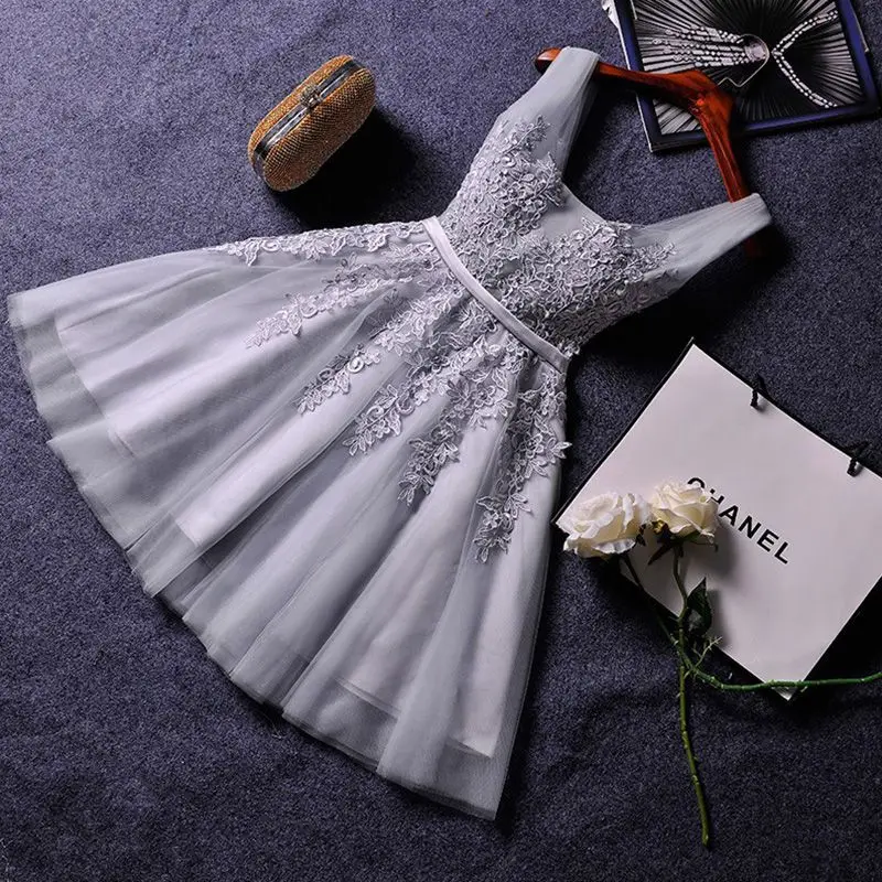 DSP A Line V Neck Short Prom Dresses with Appliques and Beads Elegant Formal Party Dress Special Occasion Dress for Girl