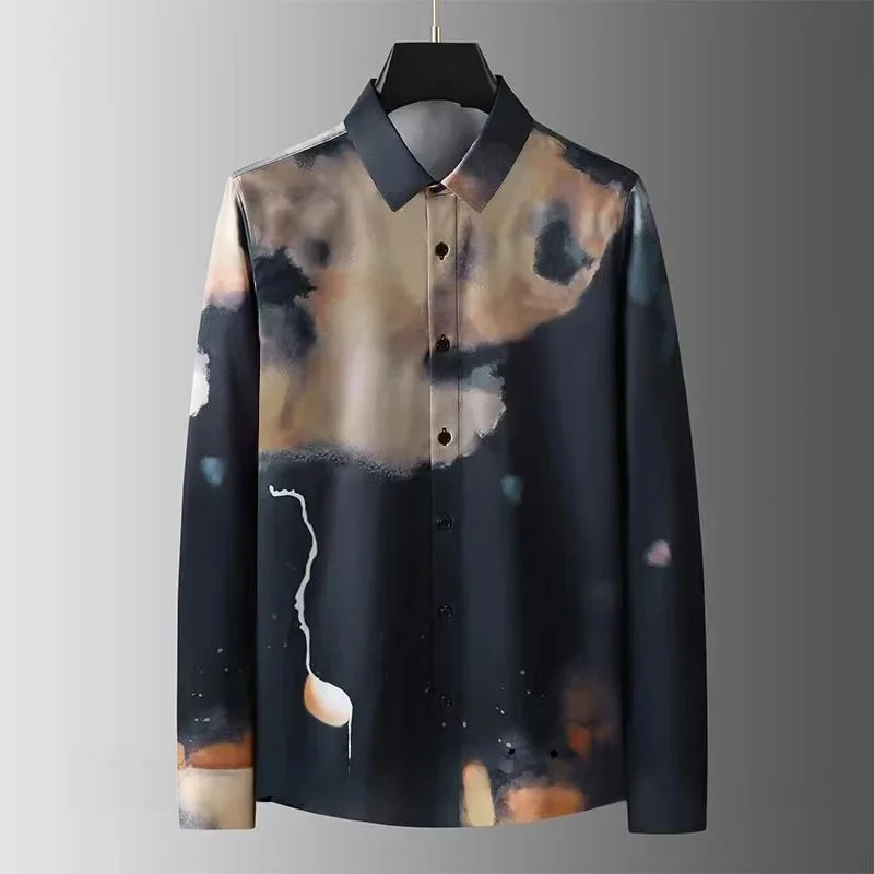 

Luxury Printed Men's Casual Busin Formal irt Autumn Season Thiened Fce Lined Nine Sve Collar Special Wide Fit