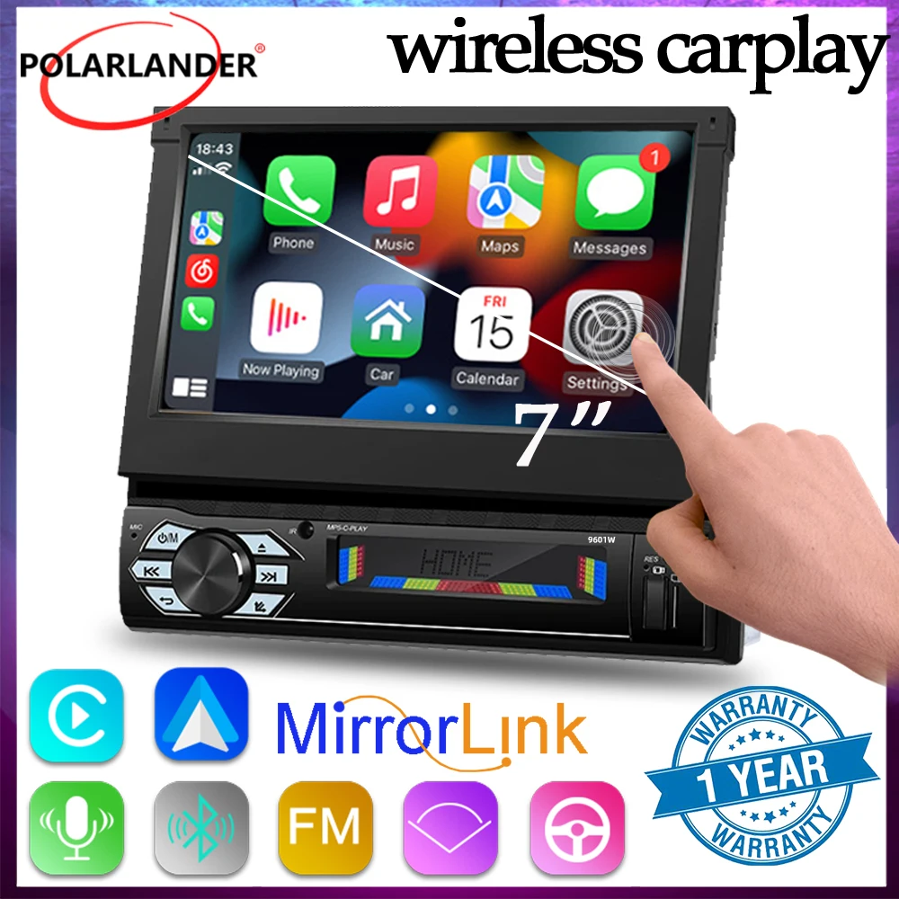 

Car Stereo Bluetooth Android Auto 1 Din 7" Electric Telescopic Screen Mirror Link MP5 Player FM USB/TF Card Wireless Carplay