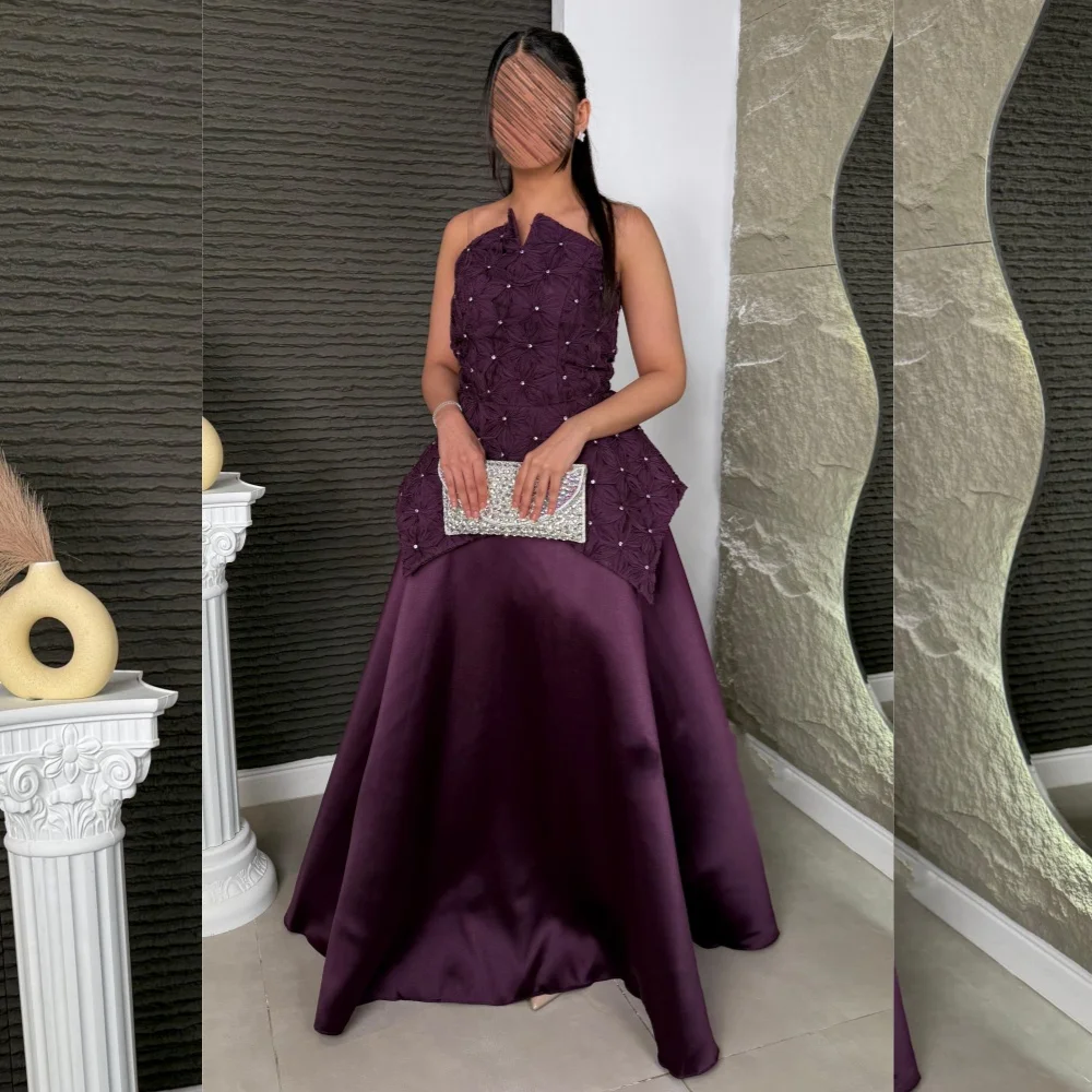 

Customized Exquisite Charmeuse Pattern Pleat A-line Strapless Long Dresses Bespoke Occasion Fashion Classic