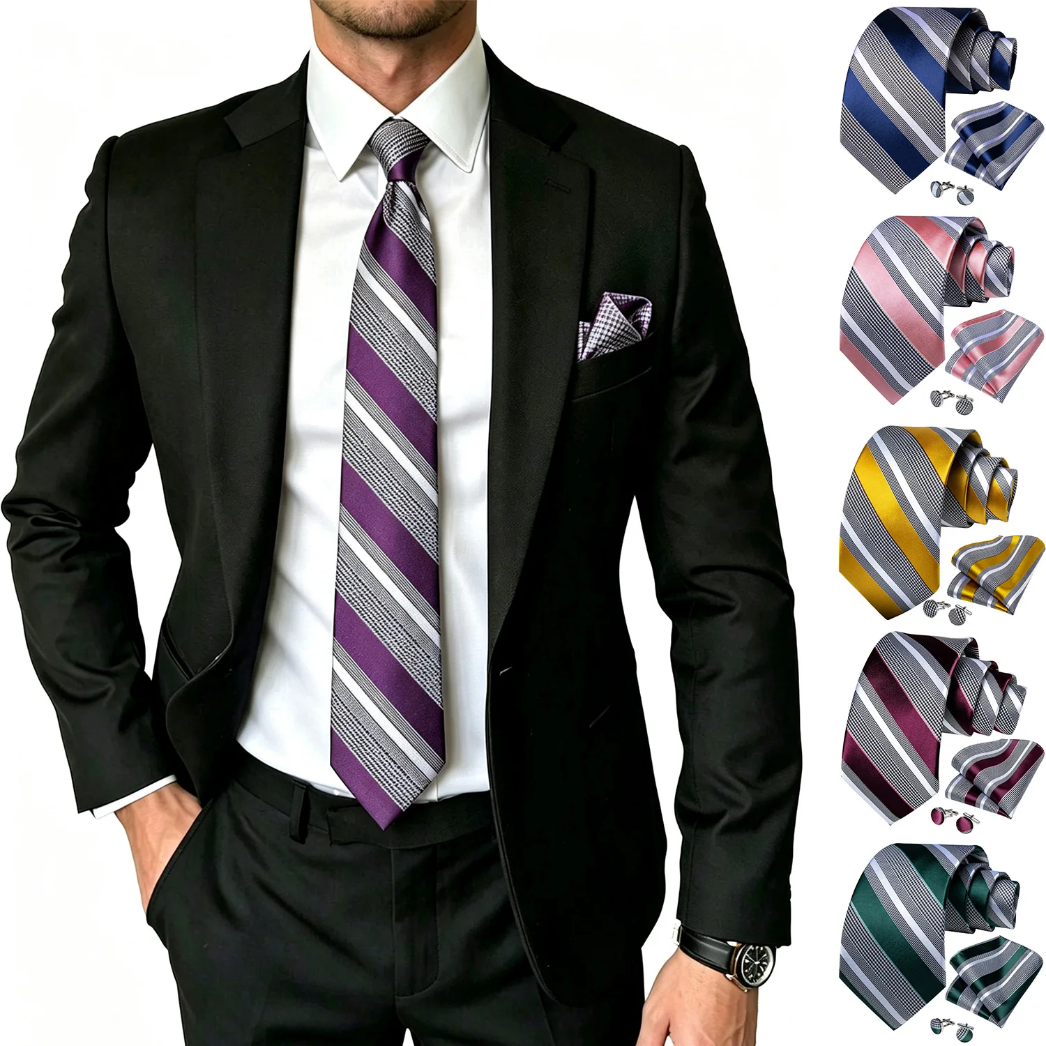 Multi Color Striped Mens Necktie Set 3 Piece, Tie Pocket Square Cufflinks Set For Office Business Wedding