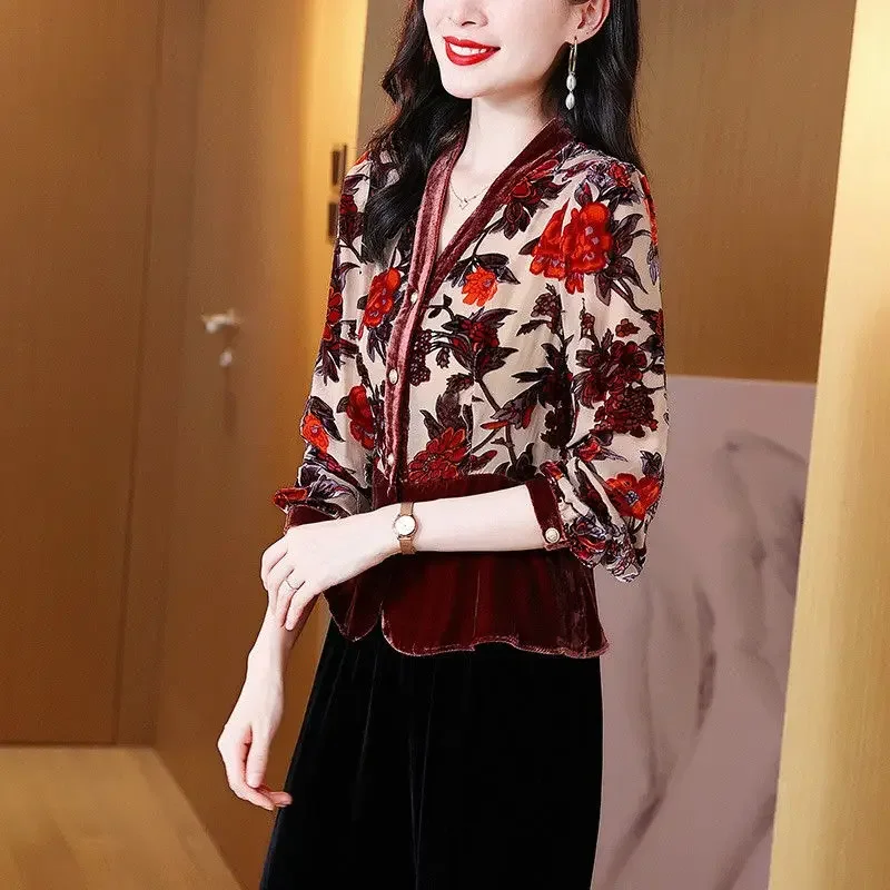 Spring and Autumn Women\'s V-neck Button Print Panel Loose Fit Ruffles Long Sleeve Shirt Fashion Elegant Commuter Casual Tops