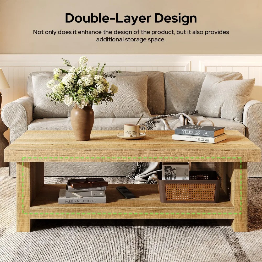 47-Inch Farmhouse Style Rectangular Coffee Table with Thick Base for Living Room and Low Cocktail Tea Serving