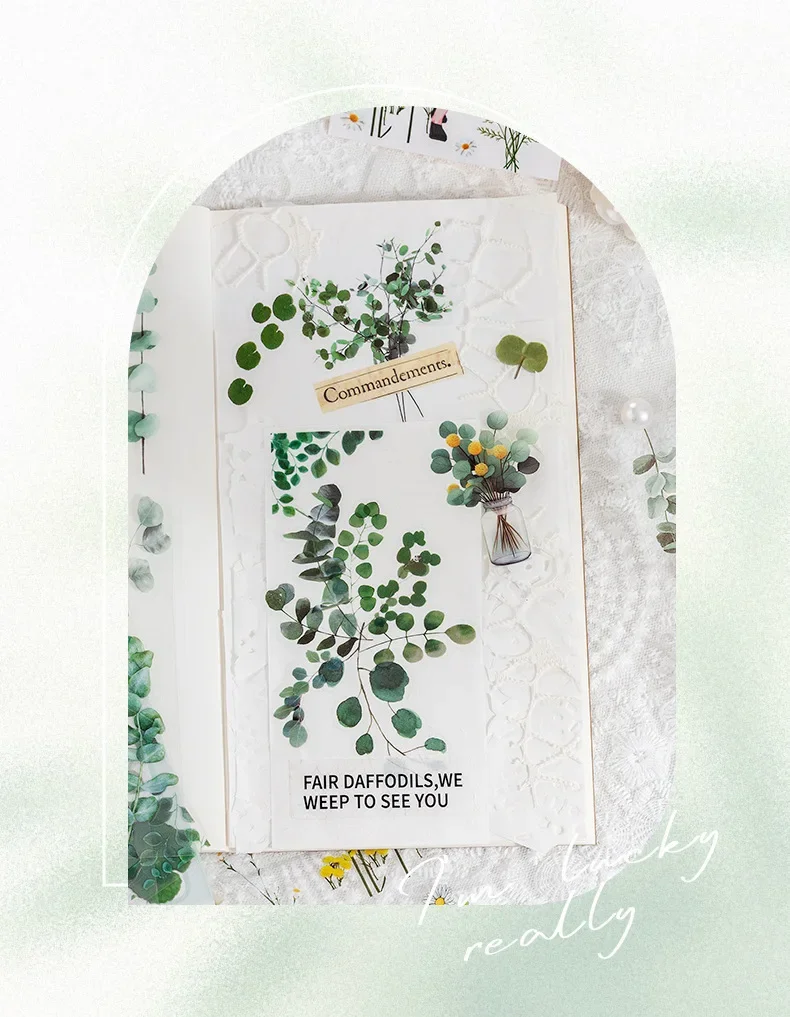 6 Sheets/pack PET Die-cut Sticker Retro Plants Flowers Ferns Clovers Lavenders DIY Scrapbook Junk Journal Collage Materials