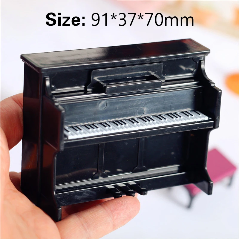 Mini Piano Triângulo De Madeira Com Fezes, Casa De Boneca Decoração, Instrumento De Simulação, Mini Acessórios, Toy Modelo, 1:12