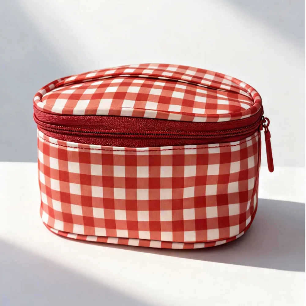 

Portable Oxford Cloth Red Plaid Makeup Bag Waterproof Large Capacity Nylon Cosmetic Bag Multifunctional Toiletry Bag Unisex