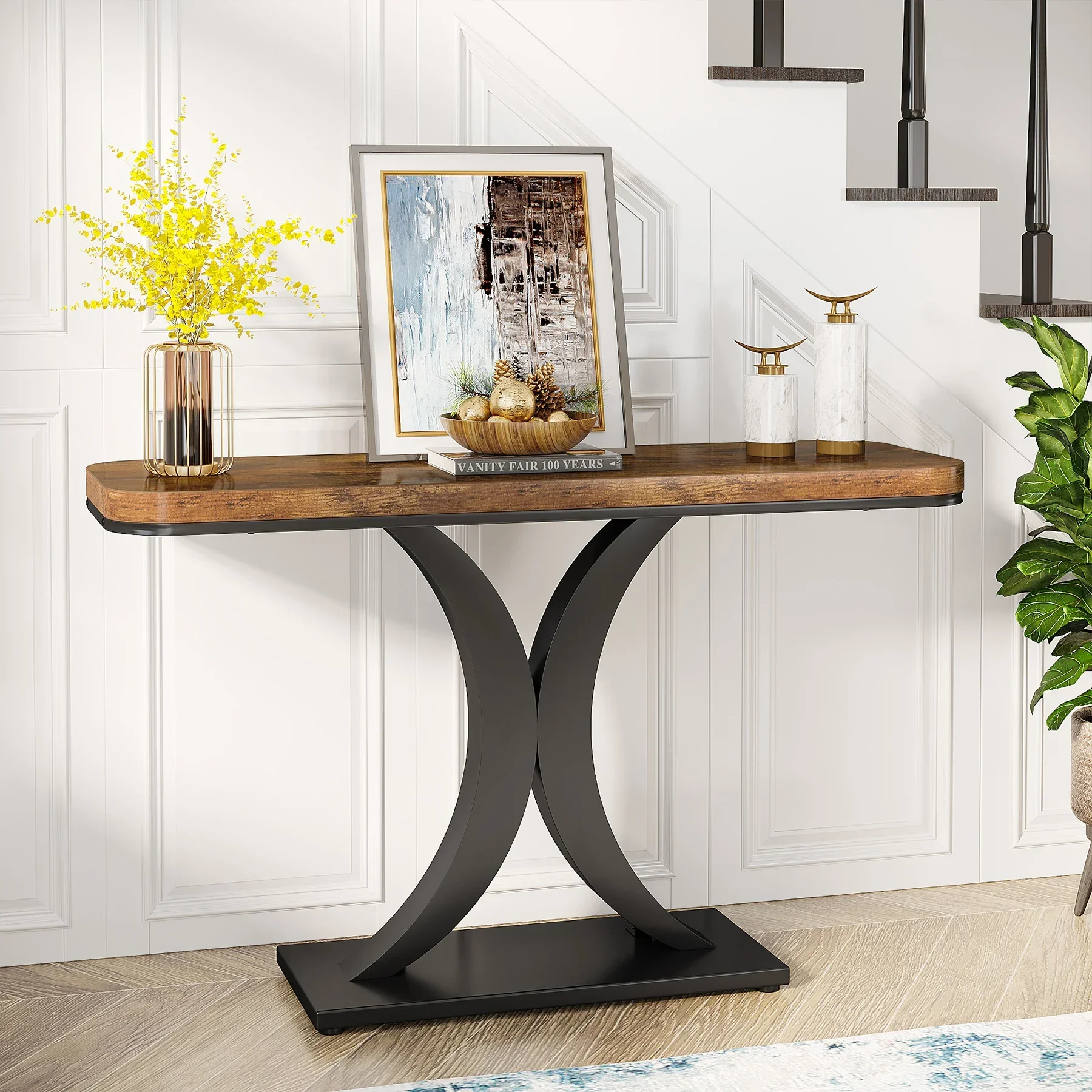 

Industrial Console Table, 40 inch Narrow Entryway Foyer Table with Geometric Base, Rustic Hallway Accent Table for Living Room