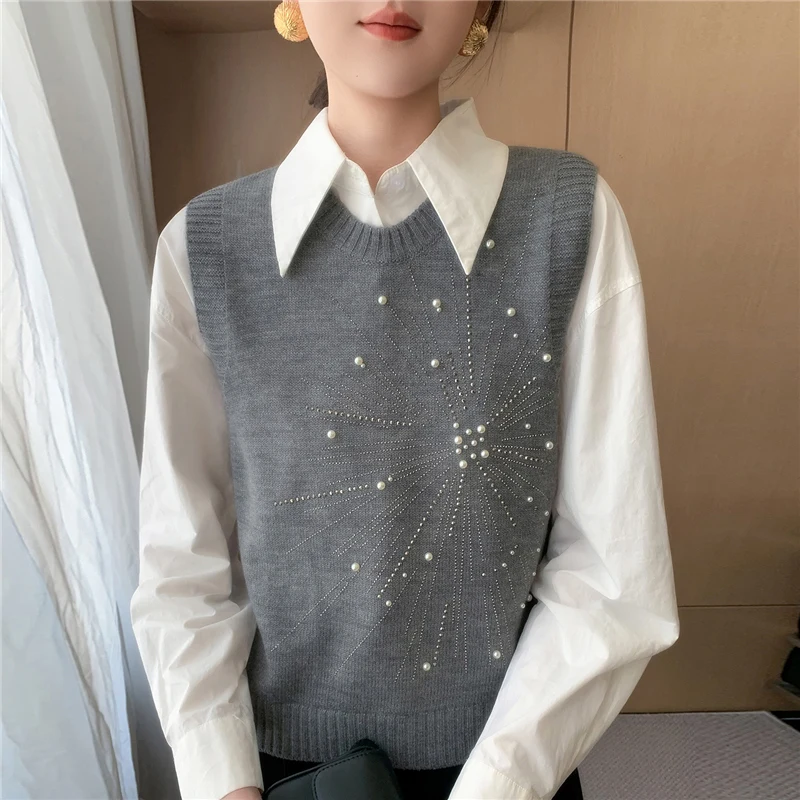 

New Sweater Vest Casual O-neck Warm Solid Beading Knitted Sleeveless Pullovers Autumn Winter Korean Fashion Sweater Knit Vest