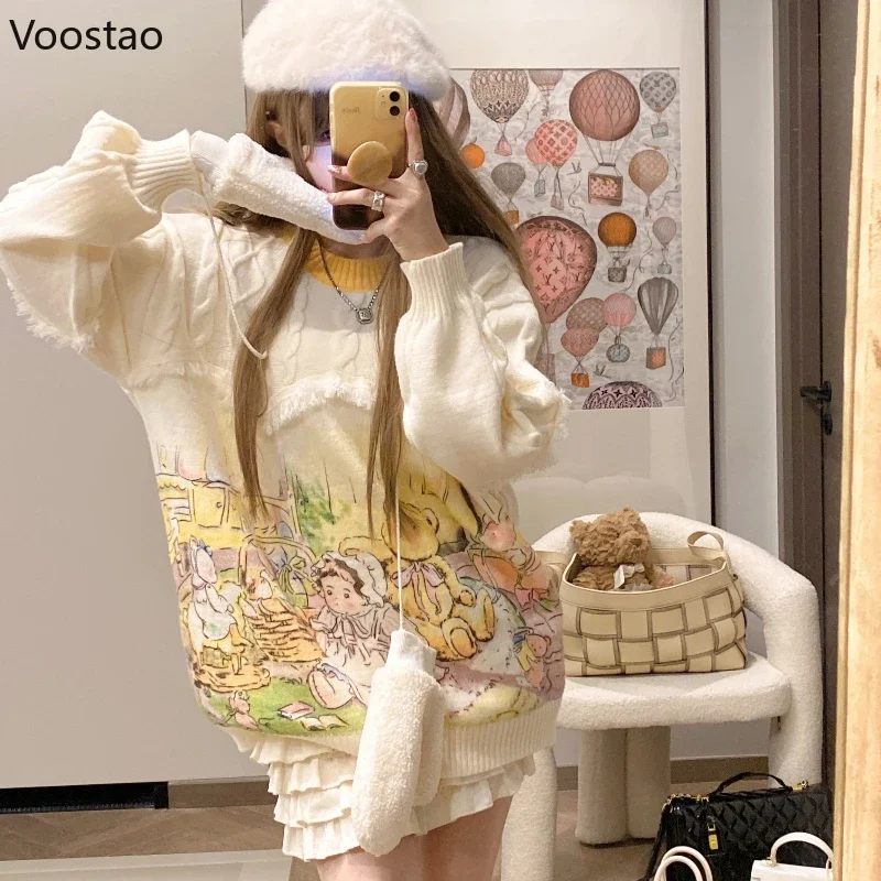 Sweet Knitted Pullovers Autumn Winter Women Kawaii Cartoon Print Tassels Sweater Coat Girls Cute Loose Knitwear Jumpers Tops