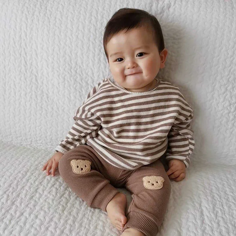 Autumn Baby Clothes Waffle Bear Harem Pants Striped Tops Bottom Layer