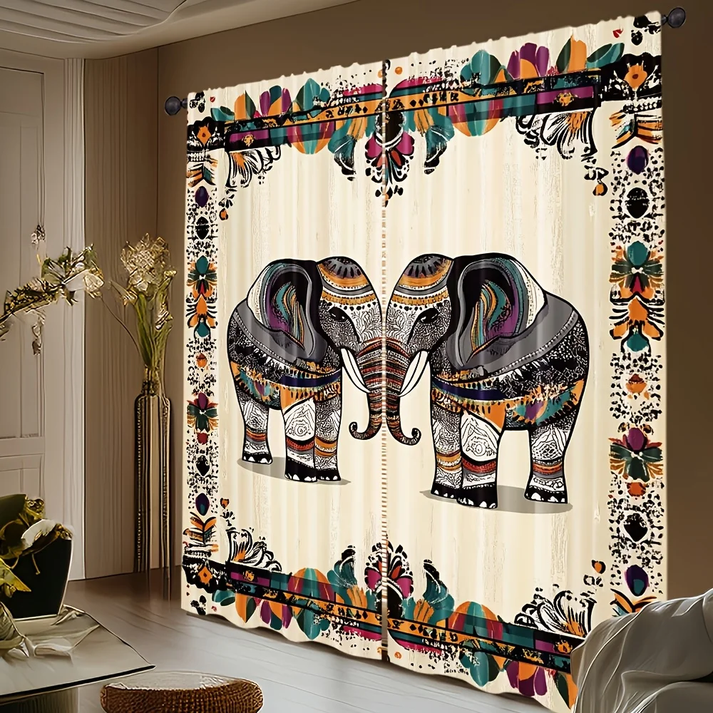 Boho Elephant Curtains Tribal Pattern Art Print Window Drapes Indian Style Home Decor Living Room Bedroom Unique Design Cultural