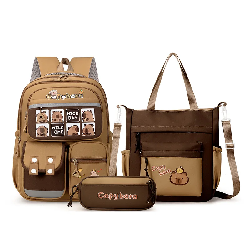 3-Piece Backpack Set Nylon Brown Beige Color Block Large Capacity School Commute Bag Set