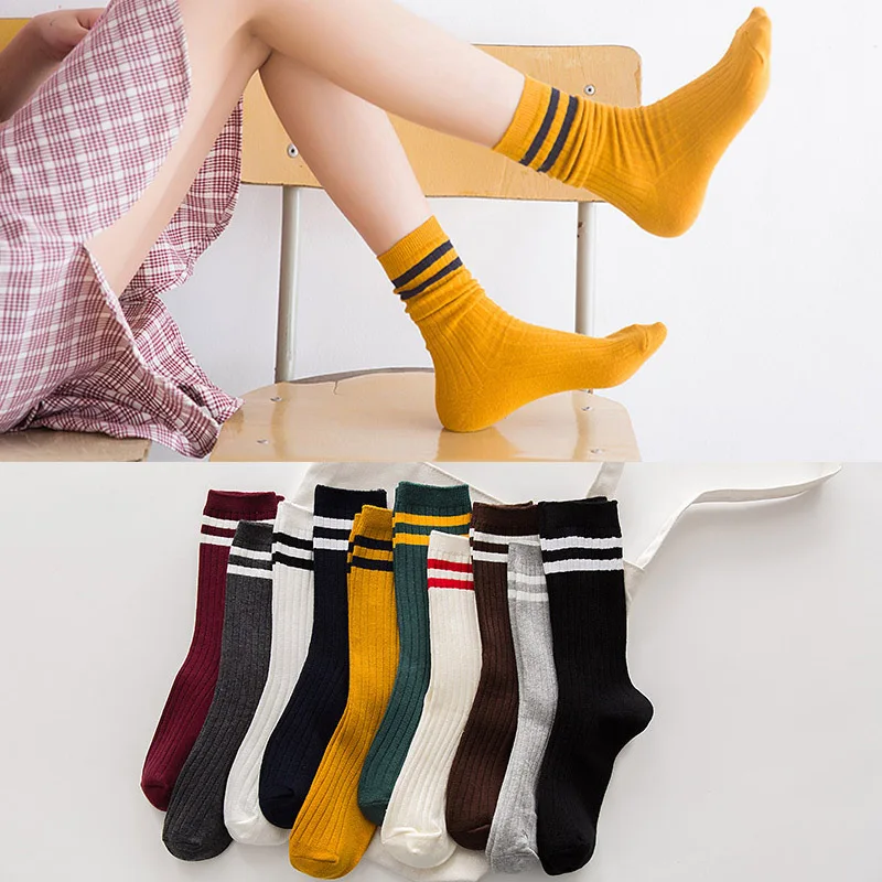 Socks Women Cotton Korean Japanese College Street Retro Style Ladies Classic Striped Long Crew Middle Tube Pile Socks Girls Gift