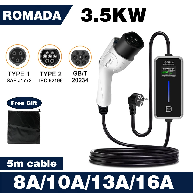 ROMADA 16A 3.5KW EV Portable Charger Type2 EVSE Charging Cable Type1 EU Plug Controller Wallbox GBT Plug for Electric Vehicle