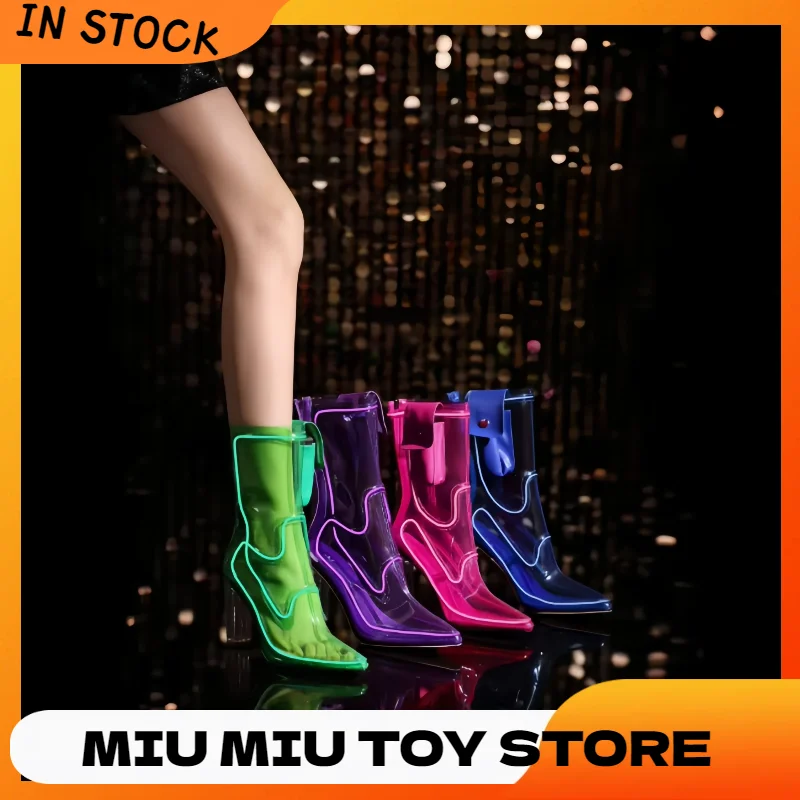 LED Light-Up Transparent PVC Luminous Fashion YK2 Ankle Boots Women Chunky Block Heel Pointed Toe Halloween Party Stage Boots