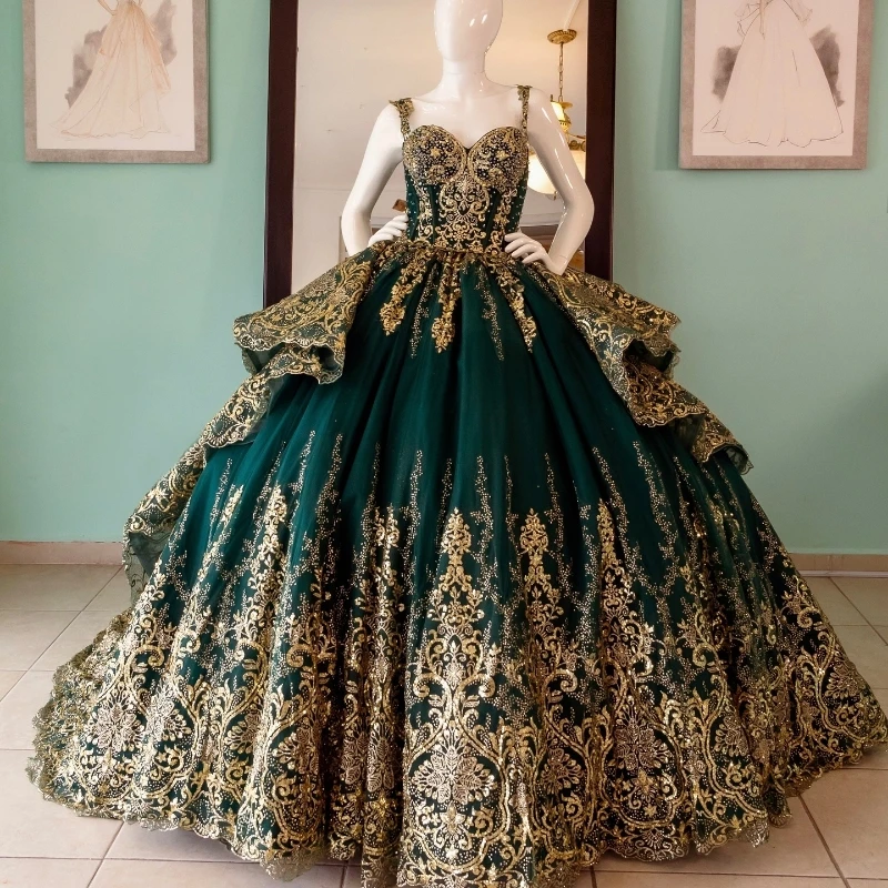 

Emerald Green Sparkly Quinceanera Dresses Off Shoulder Gold Applique Lace Corset vestido 15 años quinceañera lace-up Sweet 16