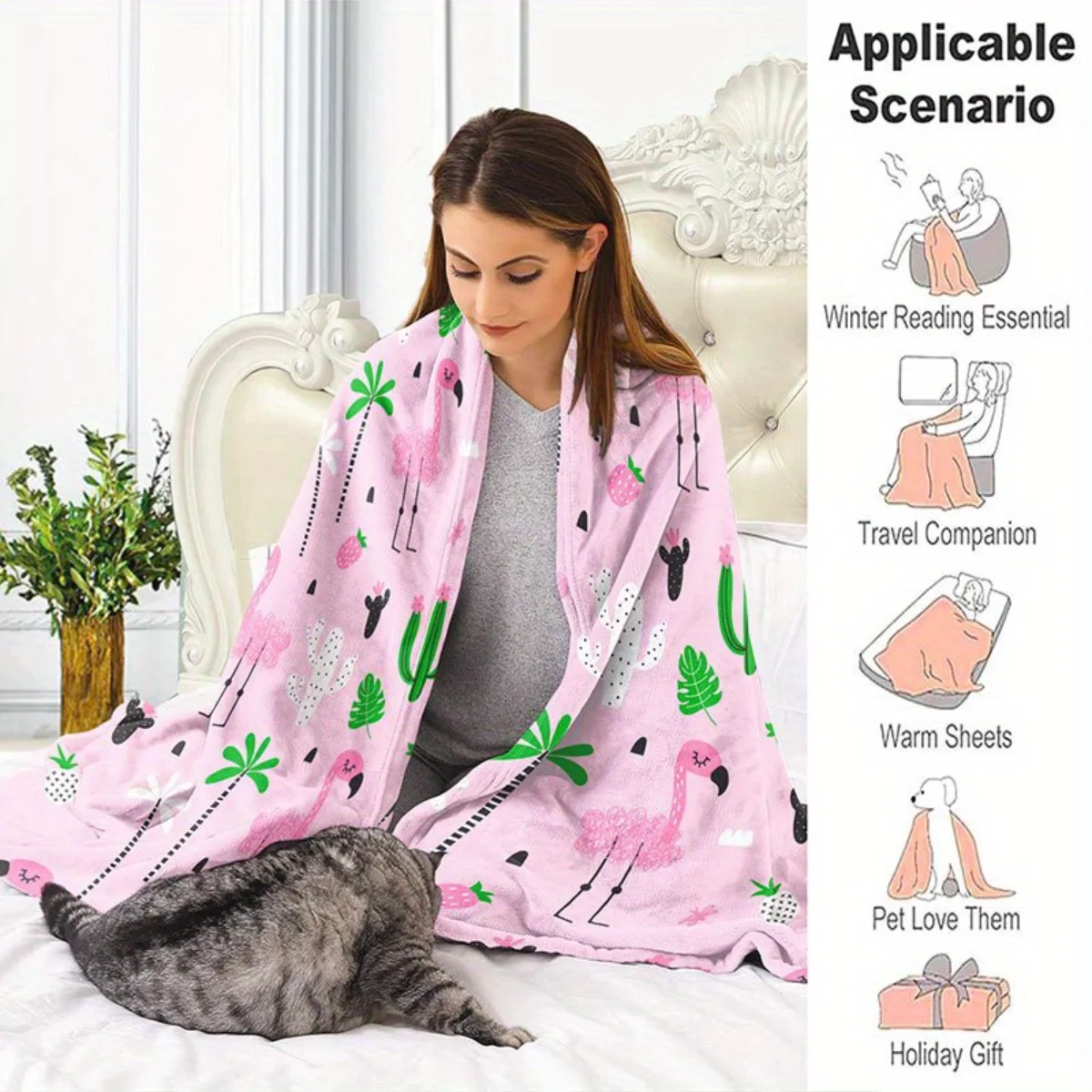 بطانية الفانيلا المطبوعة بالفلامنغو والصبار - دافئة ومريحة، مثالية للأرائك والمكاتب والأسرة والتخييم وعيد الميلاد. #3