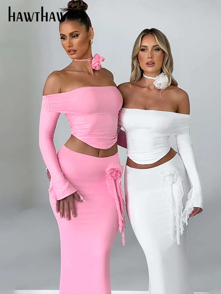 Hawthaw Women 2024 Spring Autumn Long Sleeve Crop Tops Long Skirts Two Piece Matching Sets Outfit Wholesale Items For Business