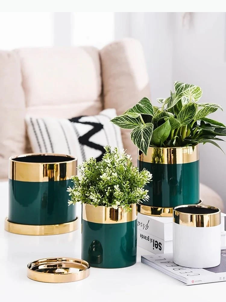 European Style Emerald Ceramic Flowerpot Gilded Border Plant Flower Vase Flower Pot Office Living Room Home Decoration