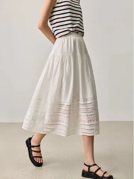 

Весенне-летняя вышитая юбка-миди А-силуэта с вырезами и вставками, больших размеров, женская, с эластичной талией, фасон «зонтик»