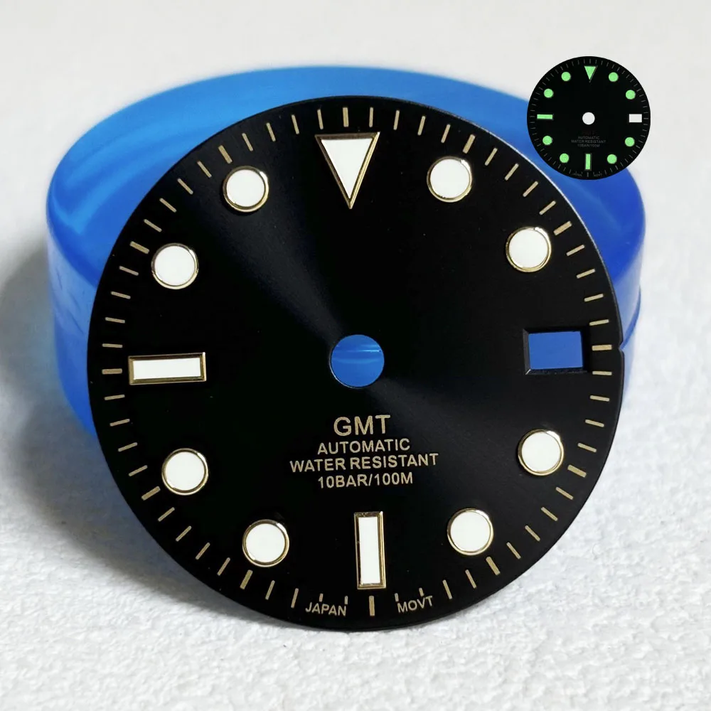 GMT green Luminous Dial 28.5mm S Logo Black Dial Watch Mark Dial Suitable nh dial 34A 34 Movement Watch Accessories 29mm s dial