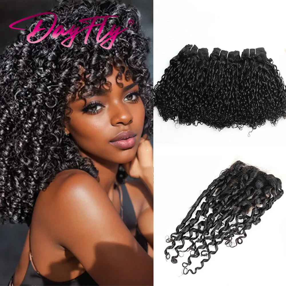 Tissage de cheveux humains brésiliens à double proximité ombré, boucles Pixie, faisceaux avec fermeture, extensions de cheveux naturels, 4x4, 3 faisceaux et fermeture