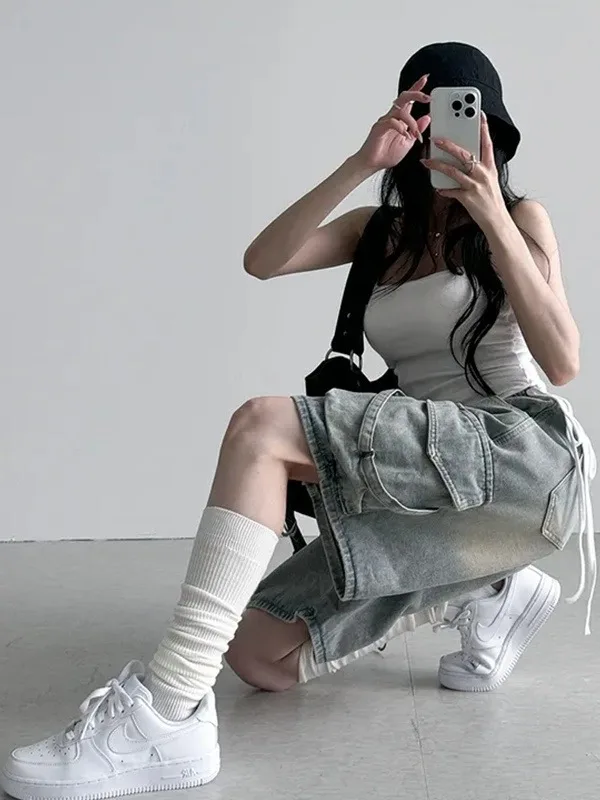

Retro Waed Denim Jeans Women's ket Patchwork Elastic Waist Loose Wide Leg Five-Quarter Pants Summer Straight Leg Jeans